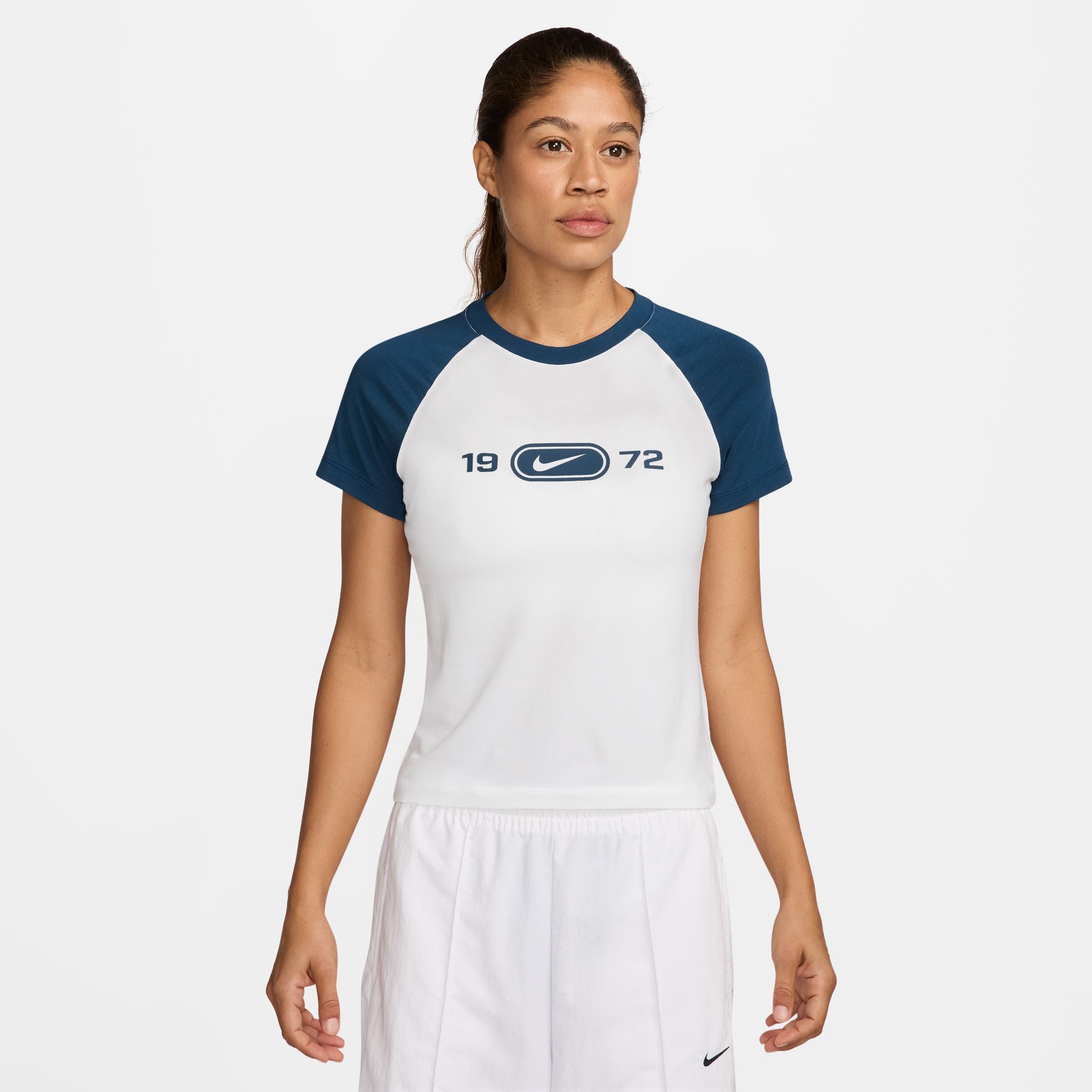 blue and white nike shirt womens
