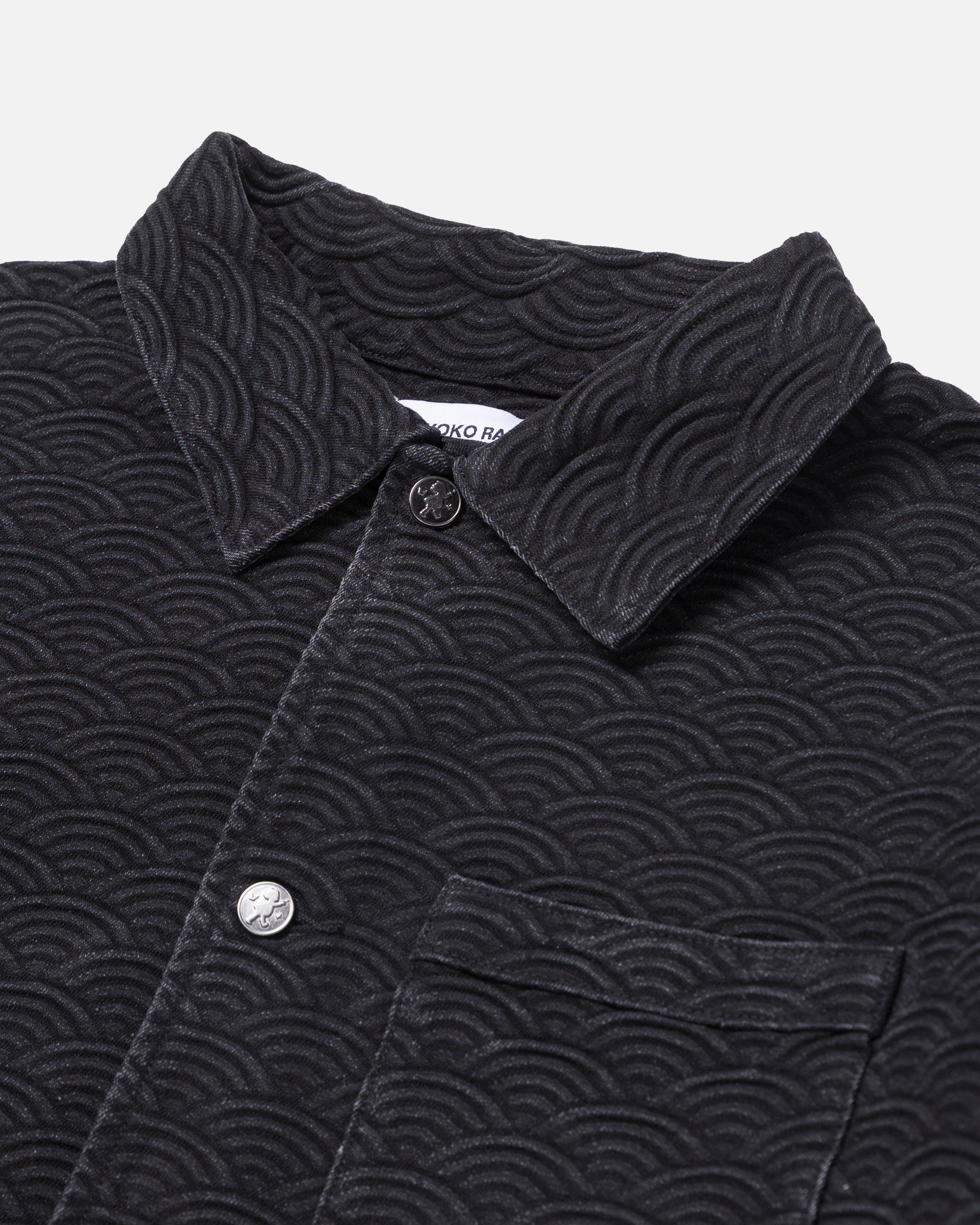 RYOKO RAIN SEIGAIHA JACQUARD DENIM WORK JACKET - BLACK