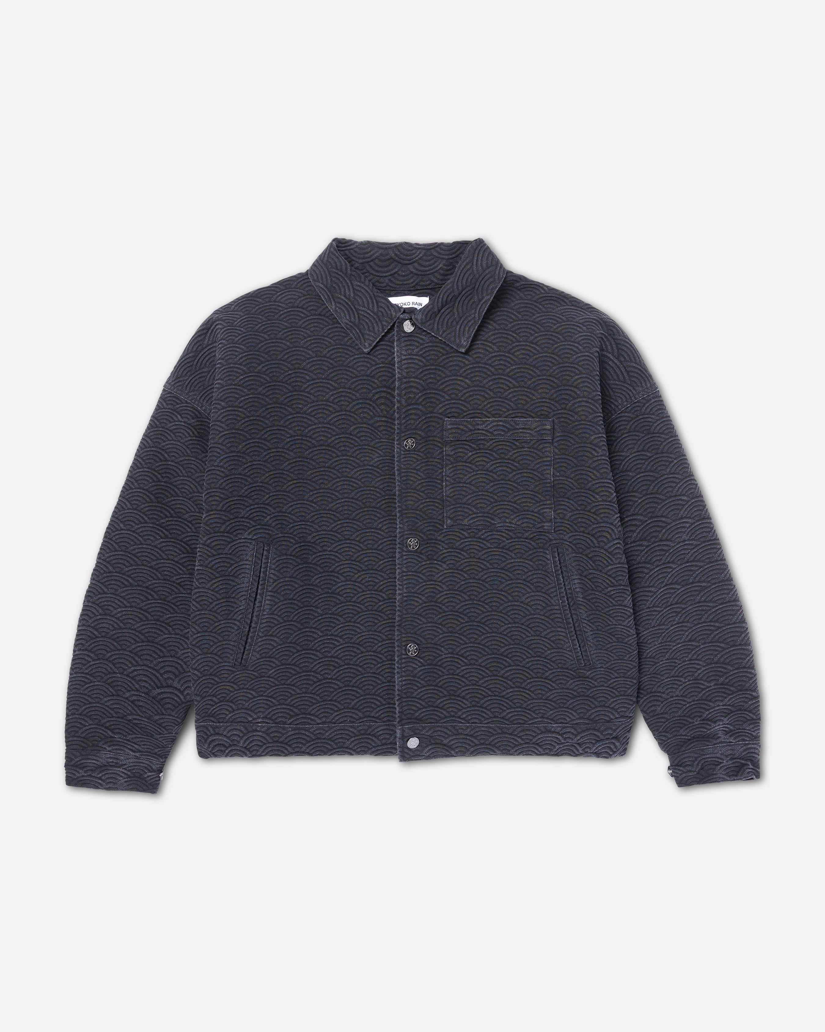 RYOKO RAIN SEIGAIHA JACQUARD DENIM WORK JACKET - BLACK
